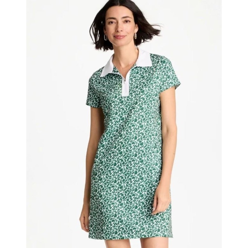 Chicos Zenergy UPF Paint Contrast Dress Green White Floral Zip Pocket Size 1 M